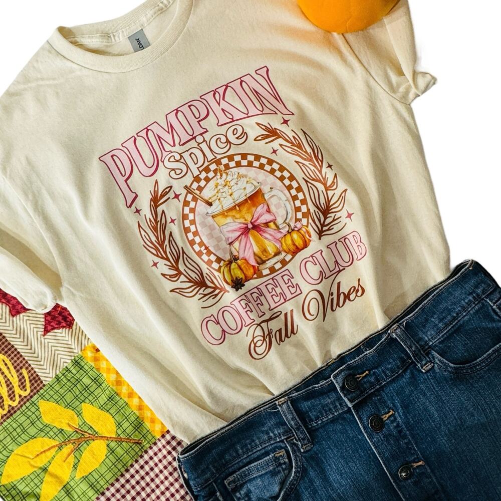 Pumpkin Spice Coffee Club Fall Vibes Women’s Large Cream T-Shirt Short Sleeve